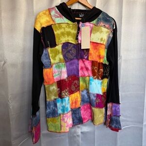 Colorful Patchwork Hoodie Boho Wearable Art Langenlook Artist Cotton Bright NWT
